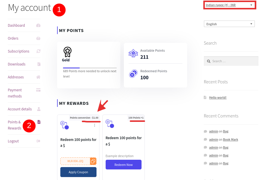 Points and Rewards page