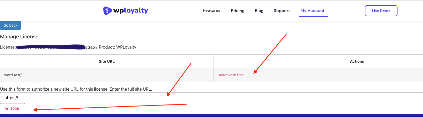 My Account page - Add site