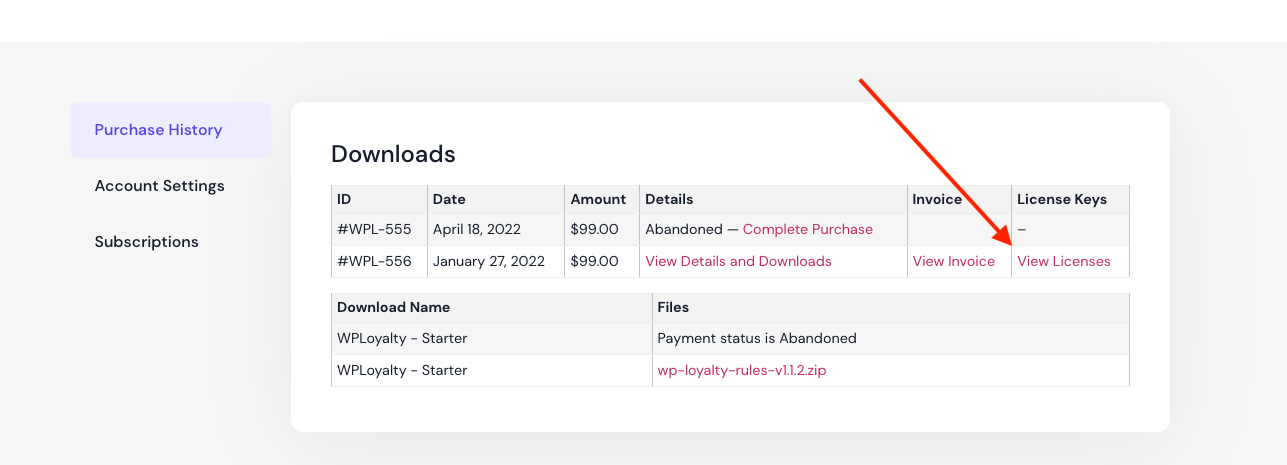 My Account page - License